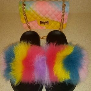 Fur Slides and Colorful purse